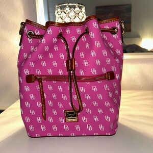 Dooney & Bourke Gretta DB Monogram Fuchsia Bucket Drawstring Shoulder Bag